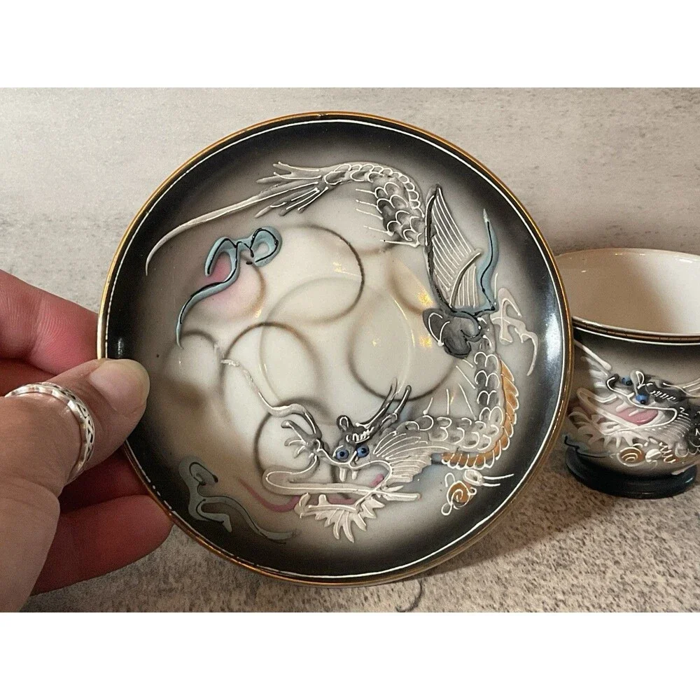 Antique Bone Moriage Raise Oriental Dragon Ware Decorative Espresso Cup & Saucer
